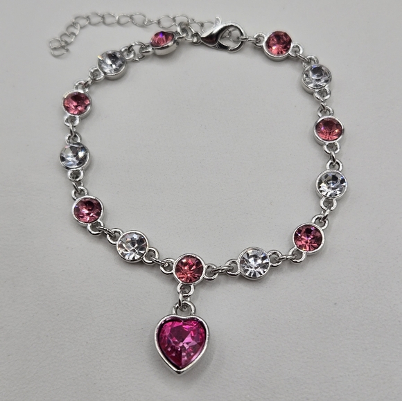 Swarovski Crystal Elements Silver and Pink Heart Charm Bracelet 6.5 - 8.5 inch - Picture 4 of 4